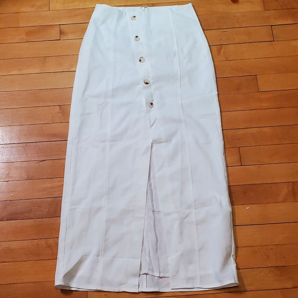 Commense White Linen Blend Lined Button Maxi Skirt Split Front Size XS NWT